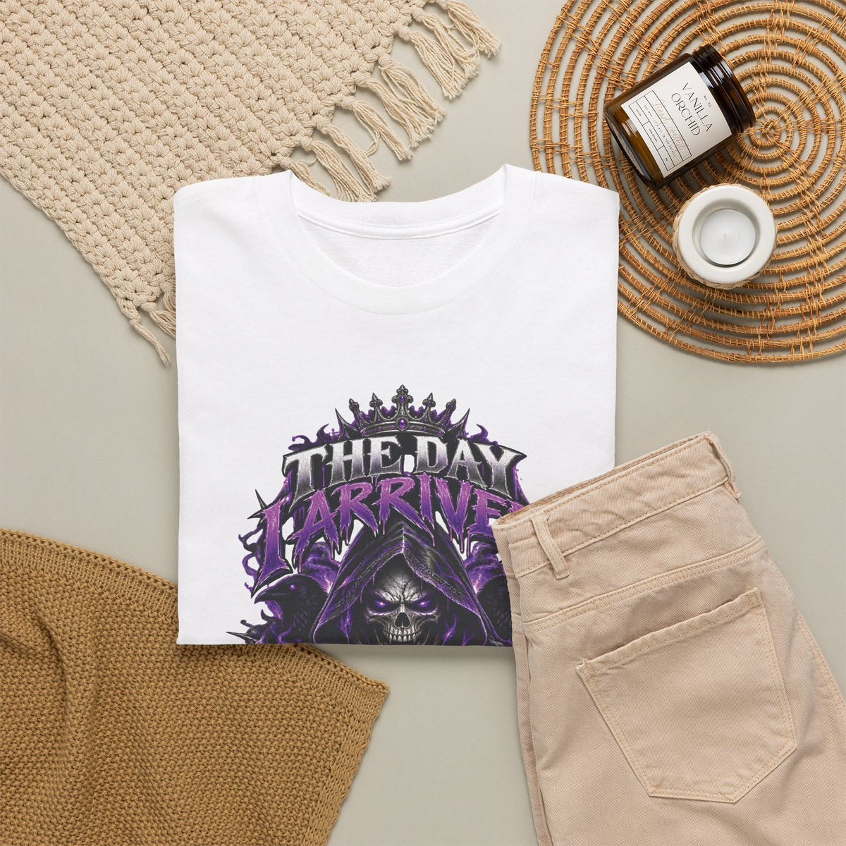 Grim Reaper Skull with Purple Flames T-Shirt | Gothic Death Quote Tee