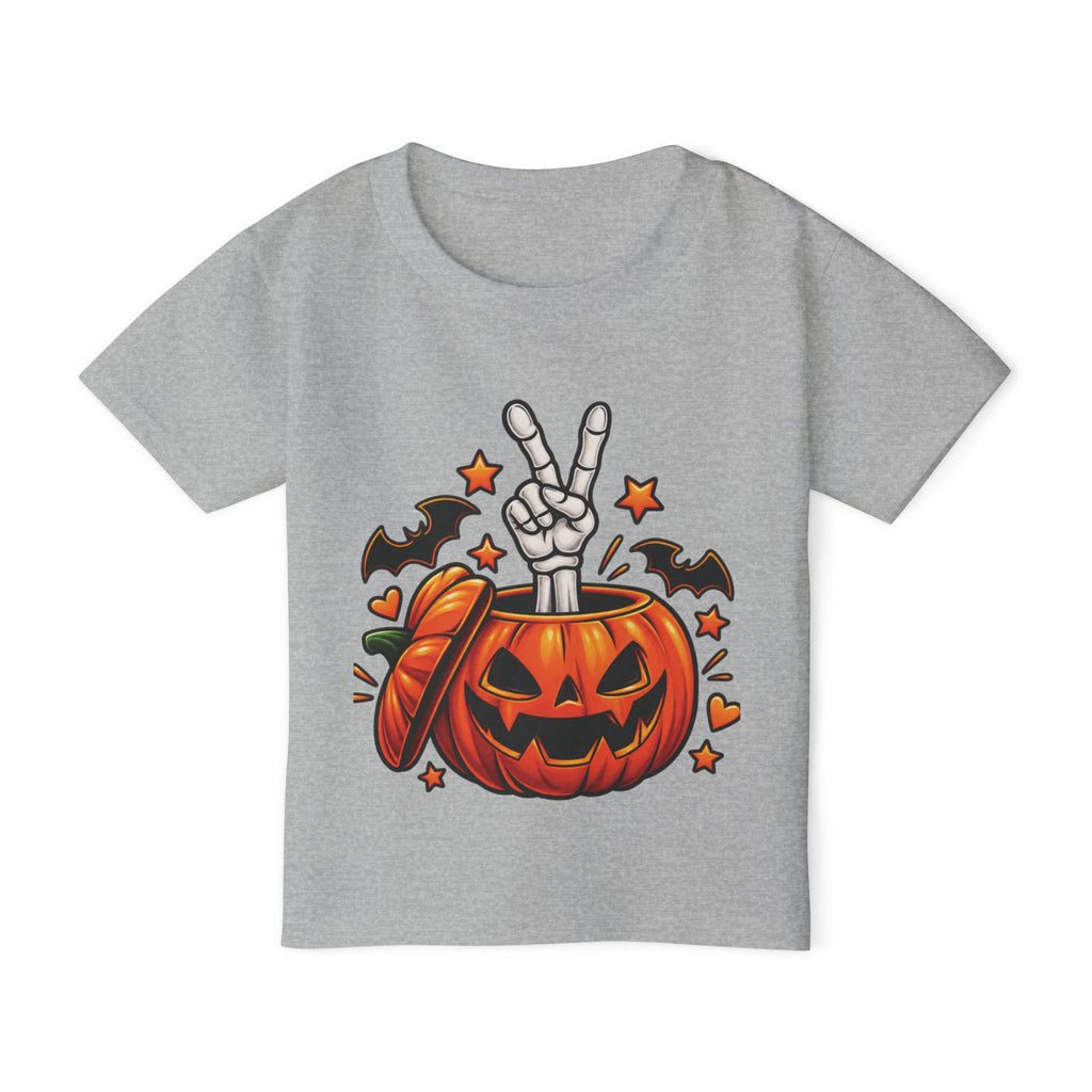 Peace Hand Skeleton in Jack-O'-Lantern Toddler T-shirt | Halloween Pumpkin Bats