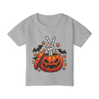 Peace Hand Skeleton in Jack-O'-Lantern Toddler T-shirt | Halloween Pumpkin Bats