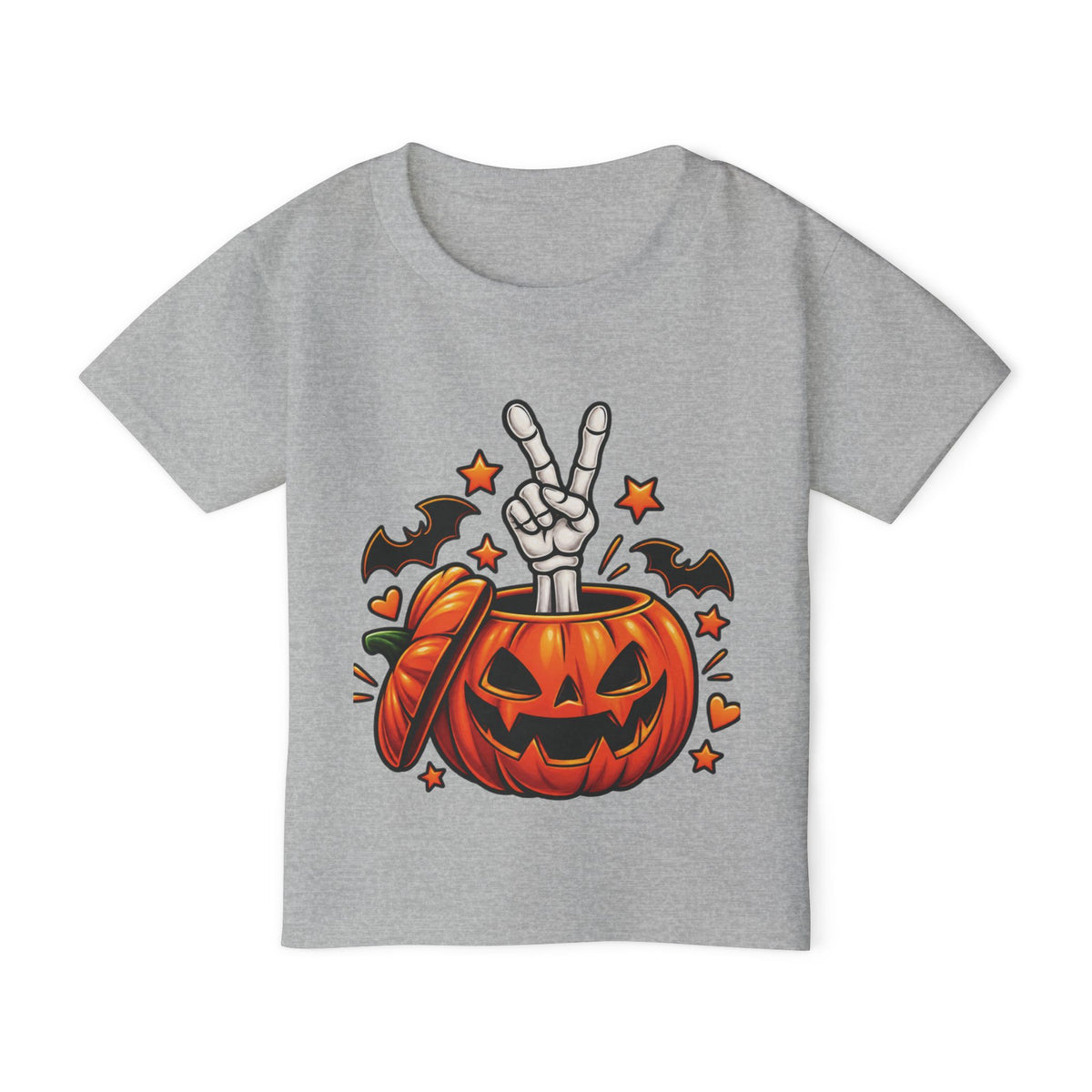Peace Hand Skeleton in Jack-O'-Lantern Toddler T-shirt | Halloween Pumpkin Bats
