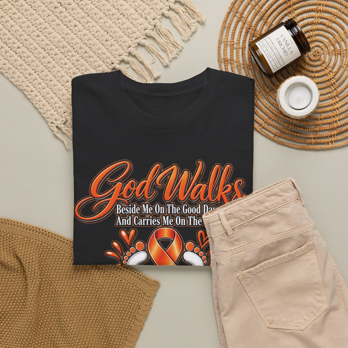 God Walks orange awareness ribbon T-Shirt | I'll Never Walk Alone, Faith Support