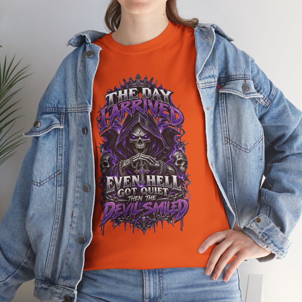 Grim Reaper Skull with Purple Flames T-Shirt | Gothic Death Quote Tee