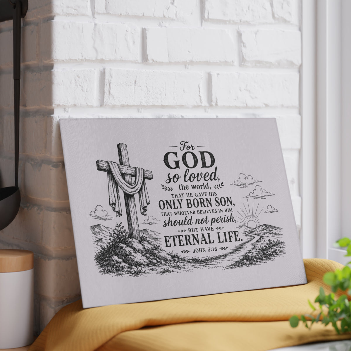 John 3:16 Scripture Cross Illustration Glass Cutting Board | Christian Kitchen Decor