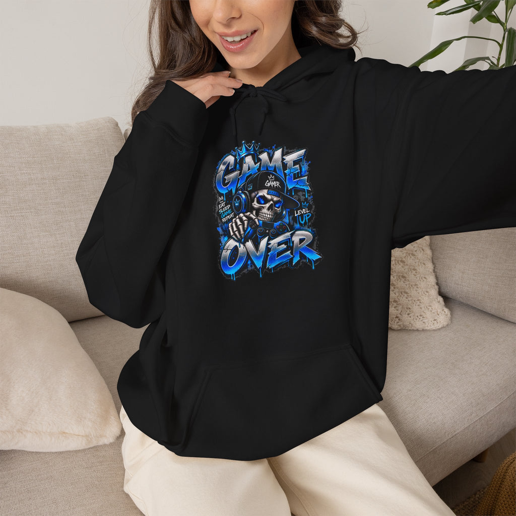 Game Over Skull hoodie | Gaming Graphic Sweatshirt, Blue Grunge Design