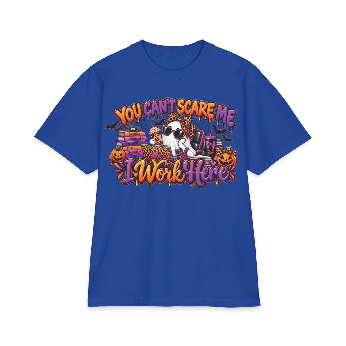 You Cant Scare Me I Work Here T-Shirt | Halloween Cow Pumpkin Graphic