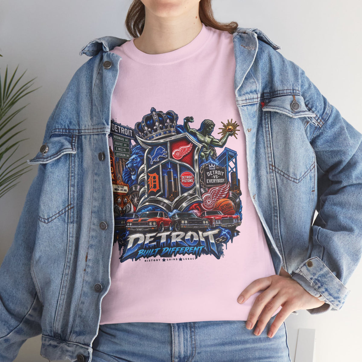 Detroit Skyline Collage T-Shirt | Motor City Landmarks, Vintage Neon Design