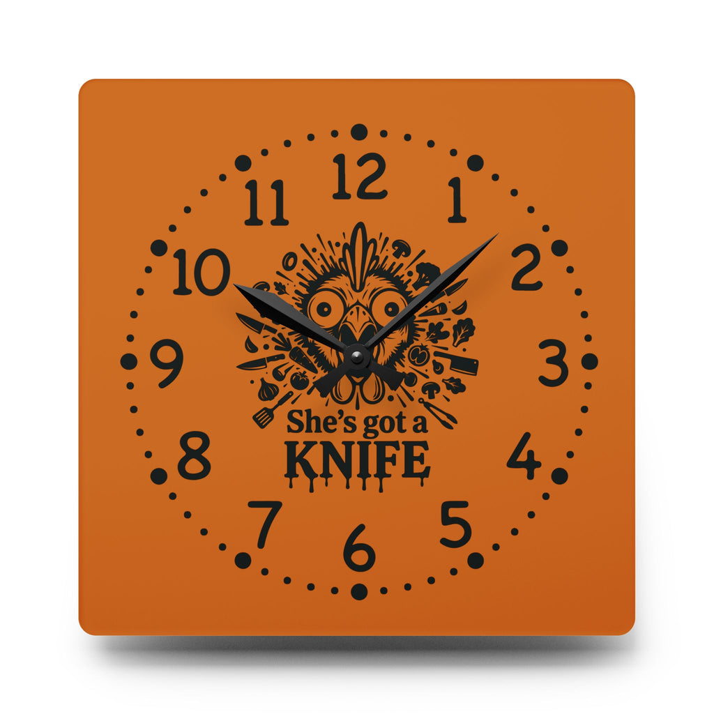 She got a knife acrylic wall clock | Halloween horror decor, orange skull design