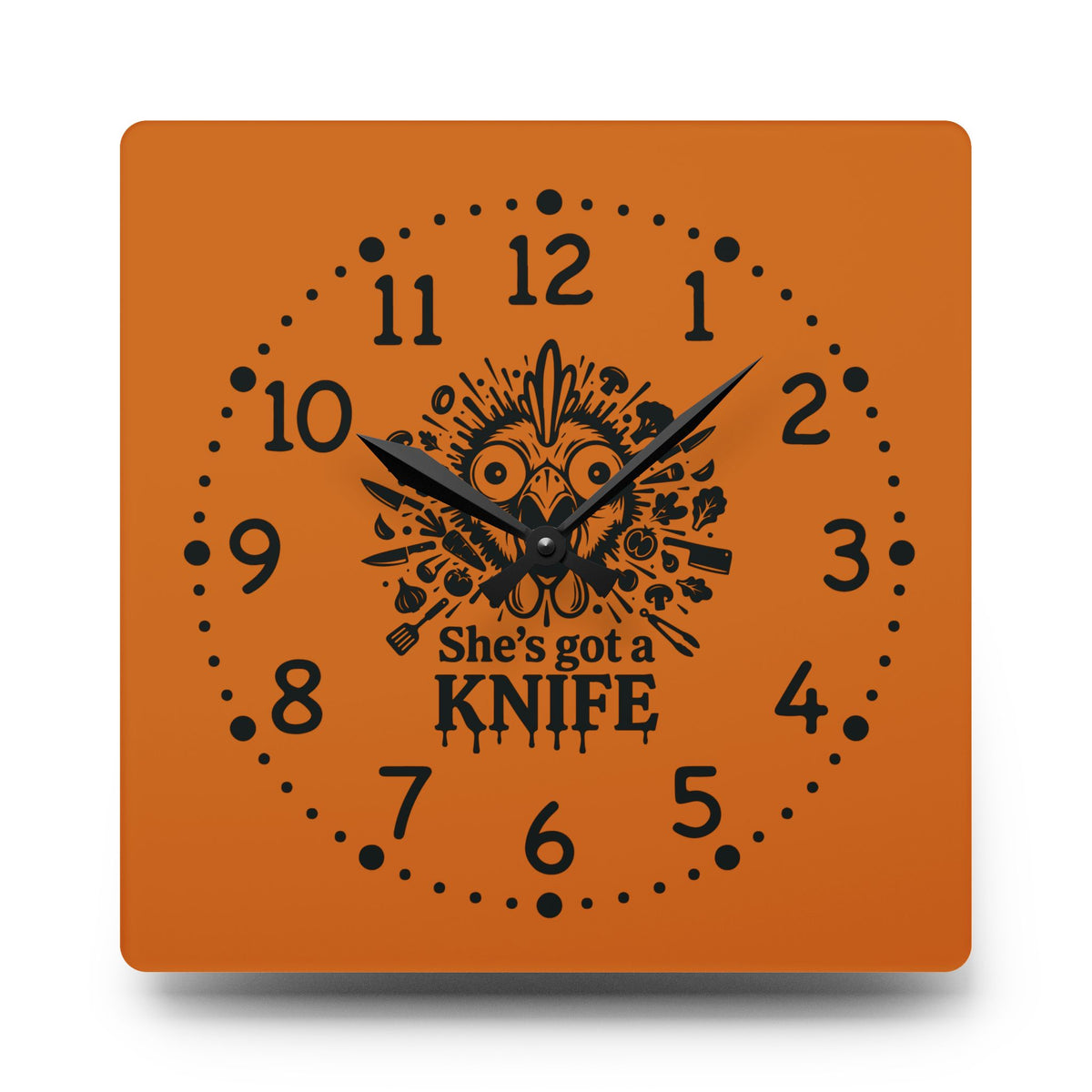 She got a knife acrylic wall clock | Halloween horror decor, orange skull design
