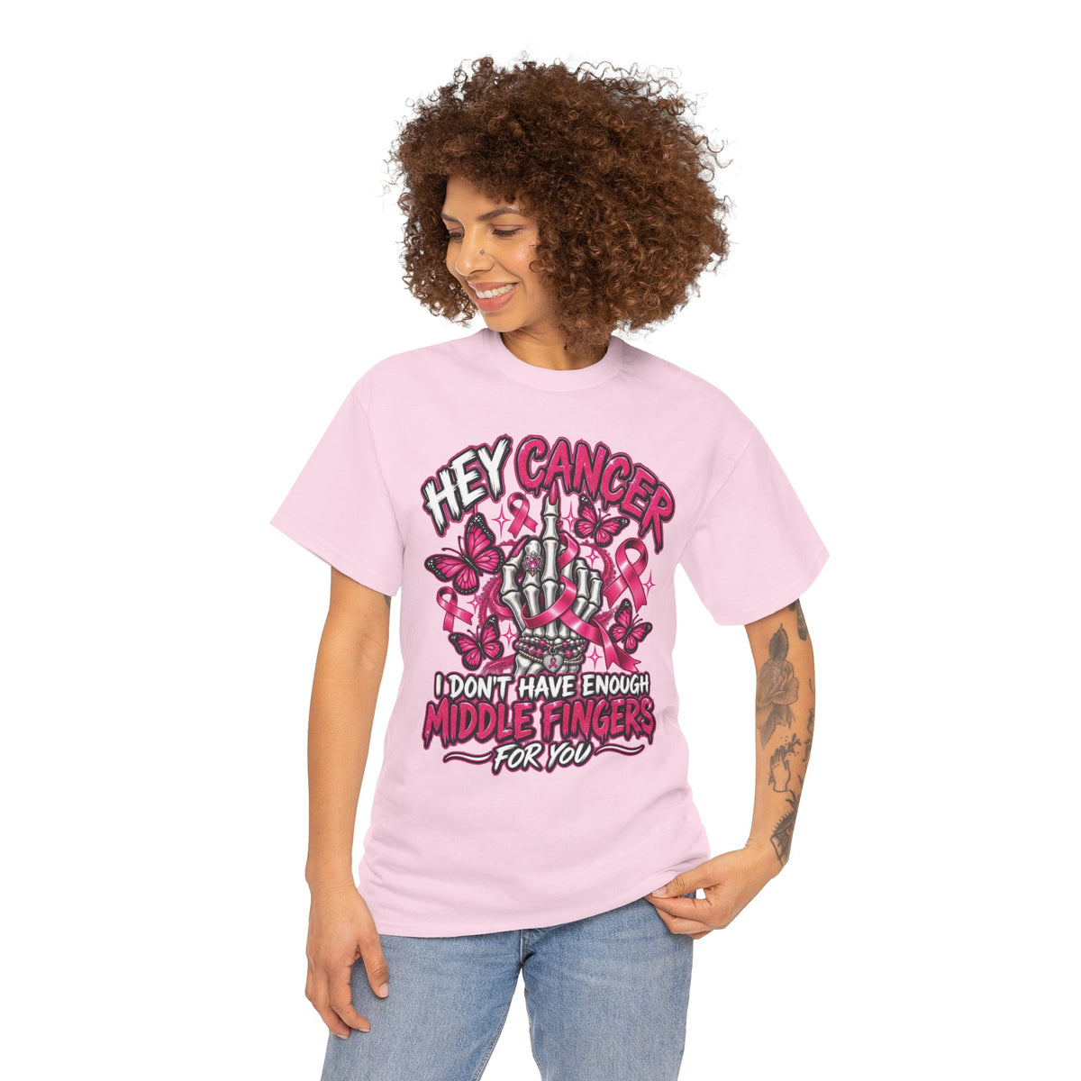 Hey Cancer middle finger ribbon T-Shirt | Breast Cancer Awareness