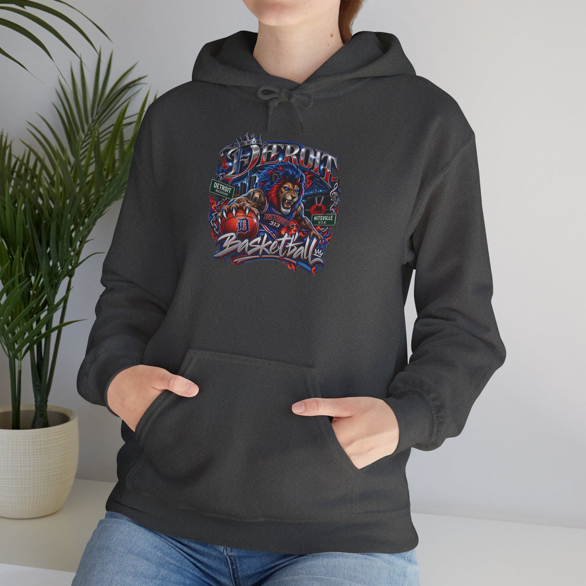 Detroit Basketball Graphic Hoodie | Vintage City Sports Logo, Front Collage Art