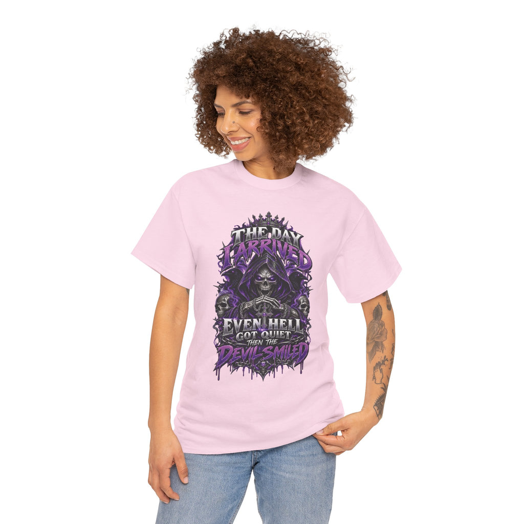 Grim Reaper Skull with Purple Flames T-Shirt | Gothic Death Quote Tee