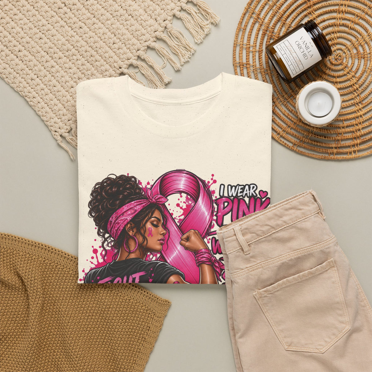 Fight with Faith breast cancer awareness T-Shirt | Rosie the Riveter pink ribbon design