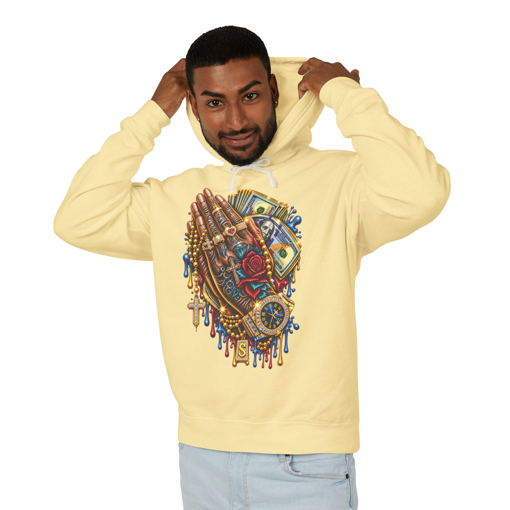 Praying Hands Collage Hoodie | Money, Watch & Roses Drip Design