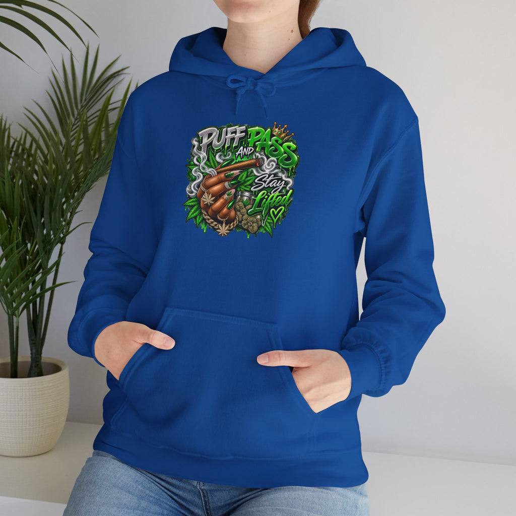 Puff Pass Stay Lifted Hoodie | Cannabis Leaf, Smoky Hand Illustration
