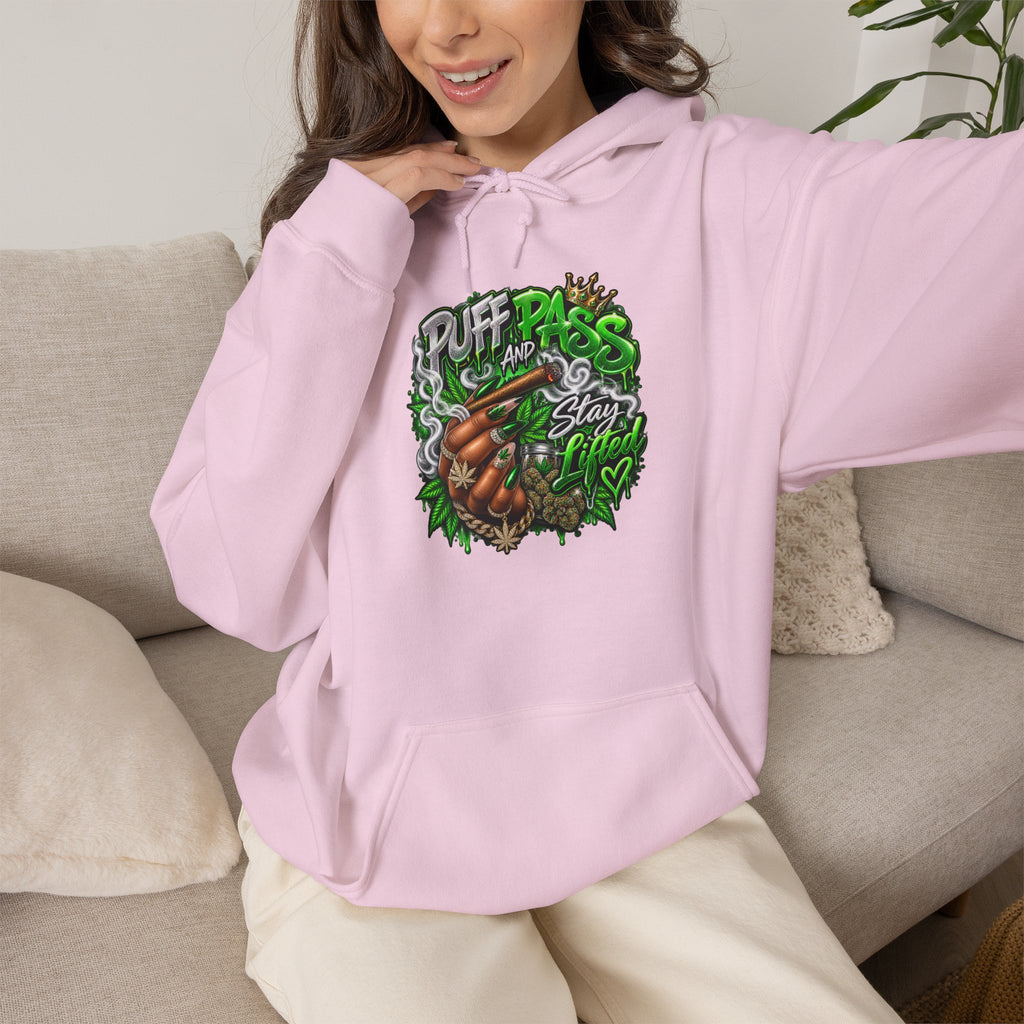 Puff Pass Stay Lifted Hoodie | Cannabis Leaf, Smoky Hand Illustration