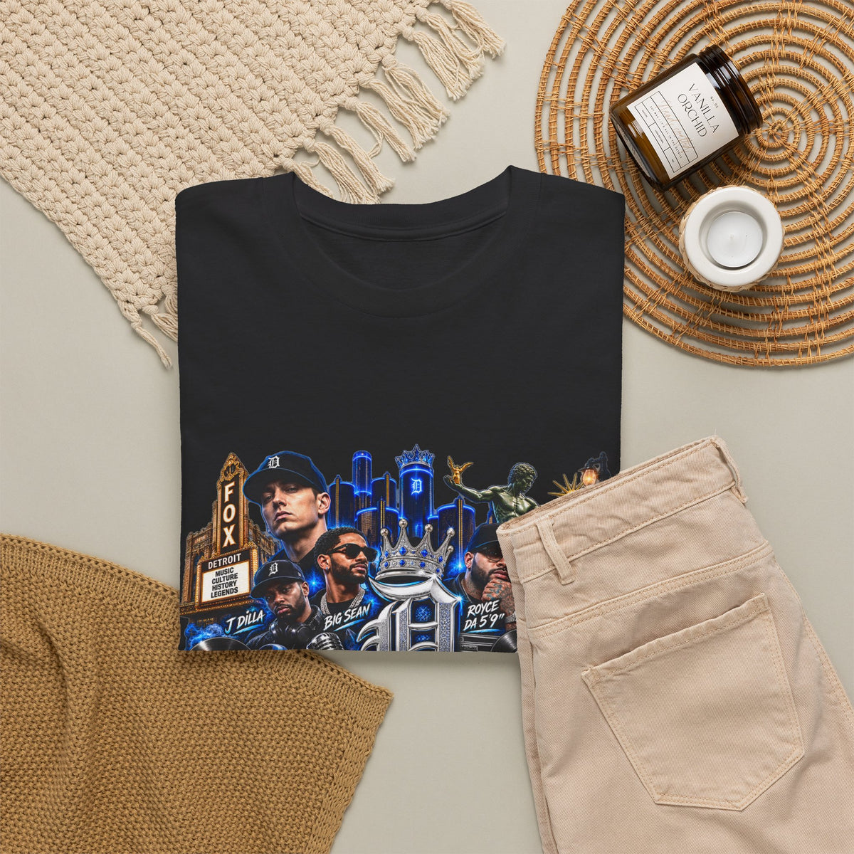 Detroit Legends collage T-Shirt | Motor City skyline, classic cars, musicians