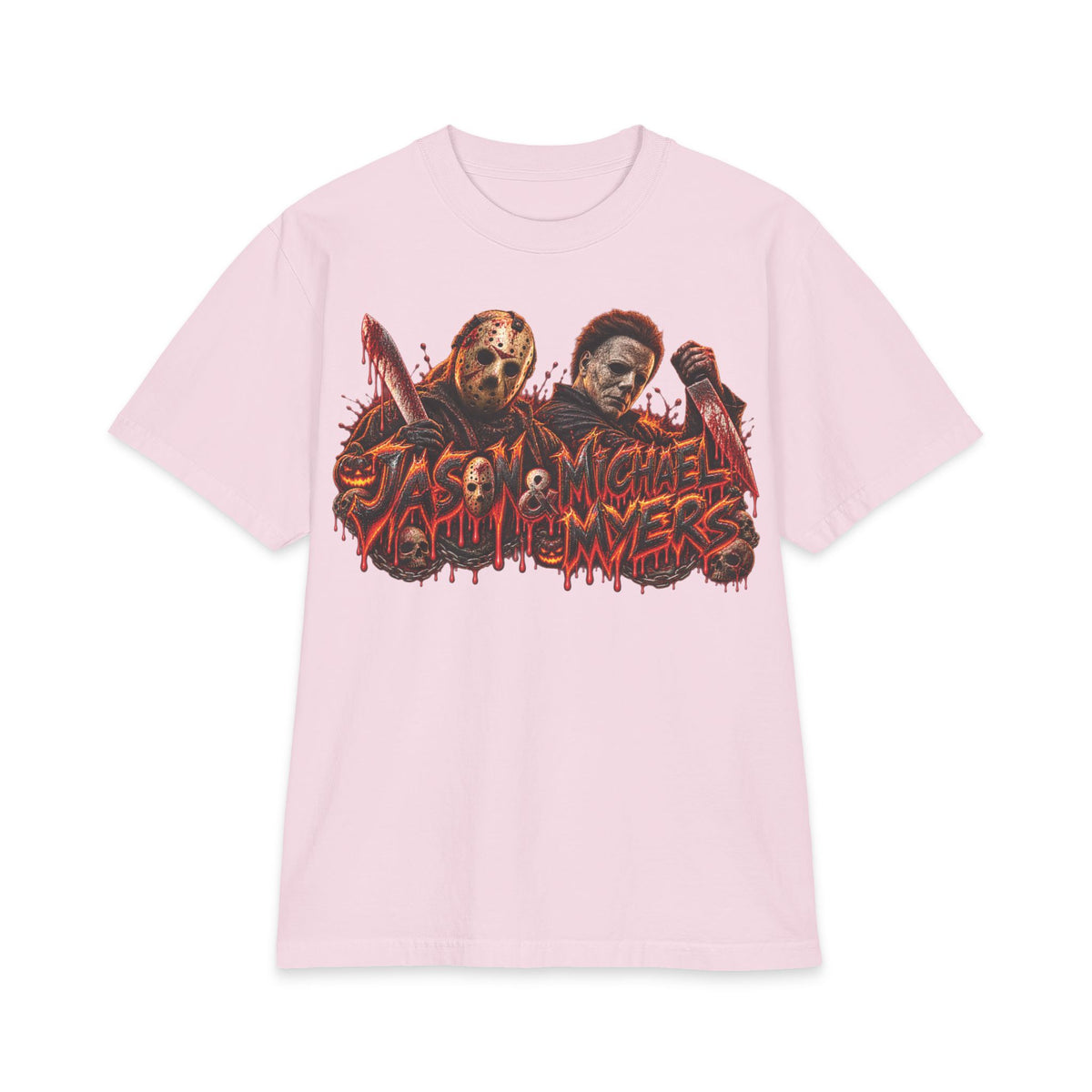 Jason and Micheal Myers Horror Slashers Graphic T-Shirt | Dual Masked Killers, Blood Drip Design