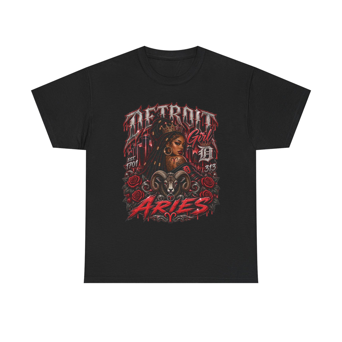 Aries Tattoo Style Graphic Tee | Zodiac Ram Illustration, Red Roses