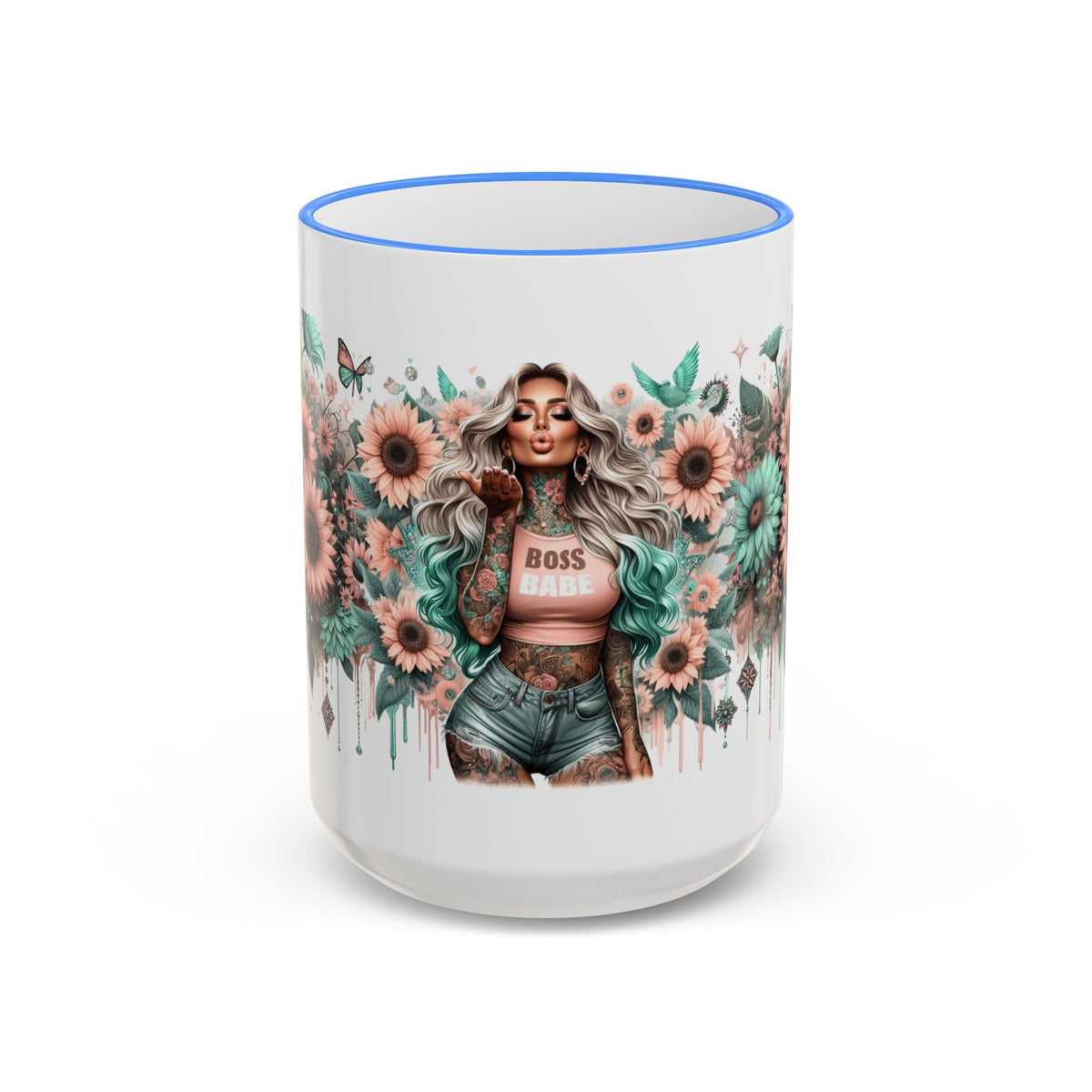 Boss Babe Floral Illustration Mug | Accent Rim & Handle Ceramic Coffee Cup