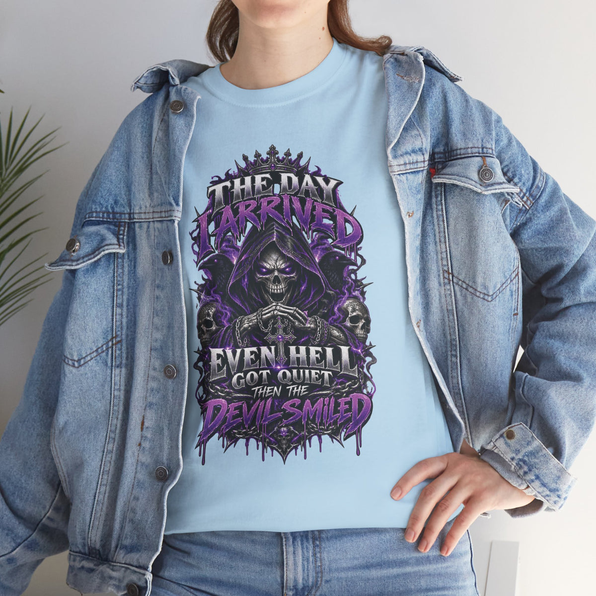 Grim Reaper Skull with Purple Flames T-Shirt | Gothic Death Quote Tee