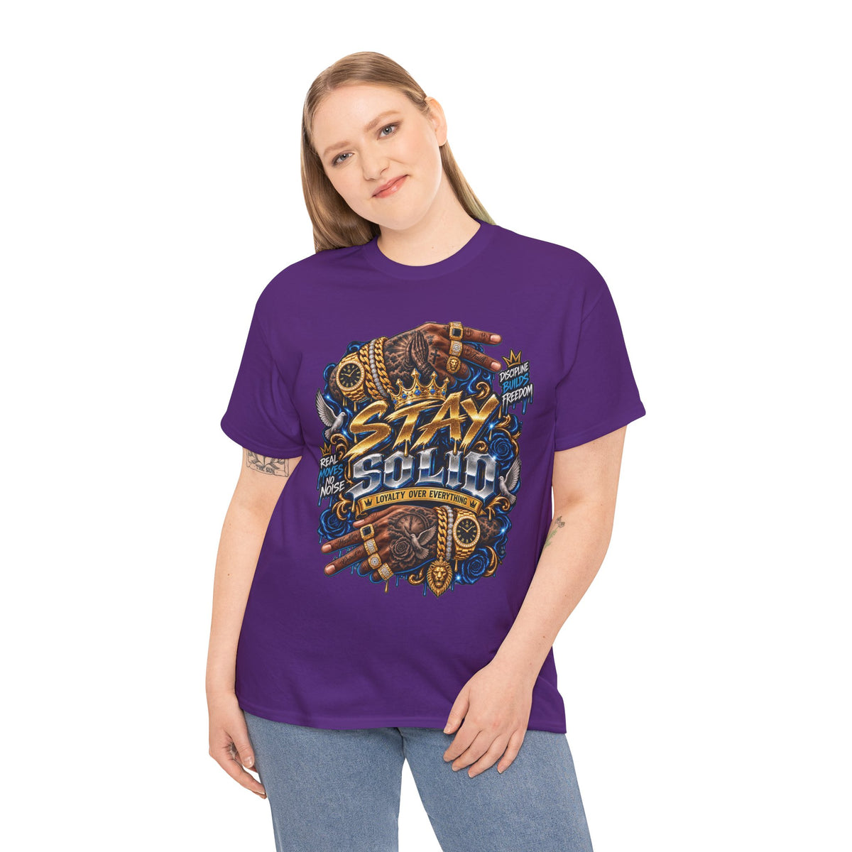Stay Solid graphic tee | Urban street art typography, gold chain hands