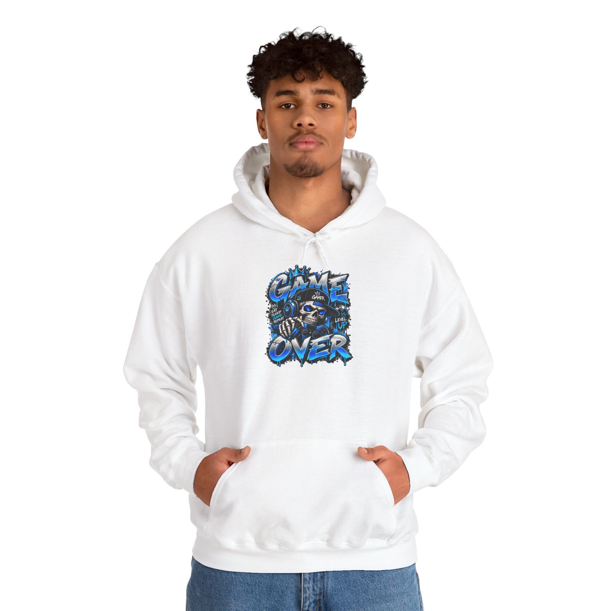 Game Over Skull hoodie | Gaming Graphic Sweatshirt, Blue Grunge Design