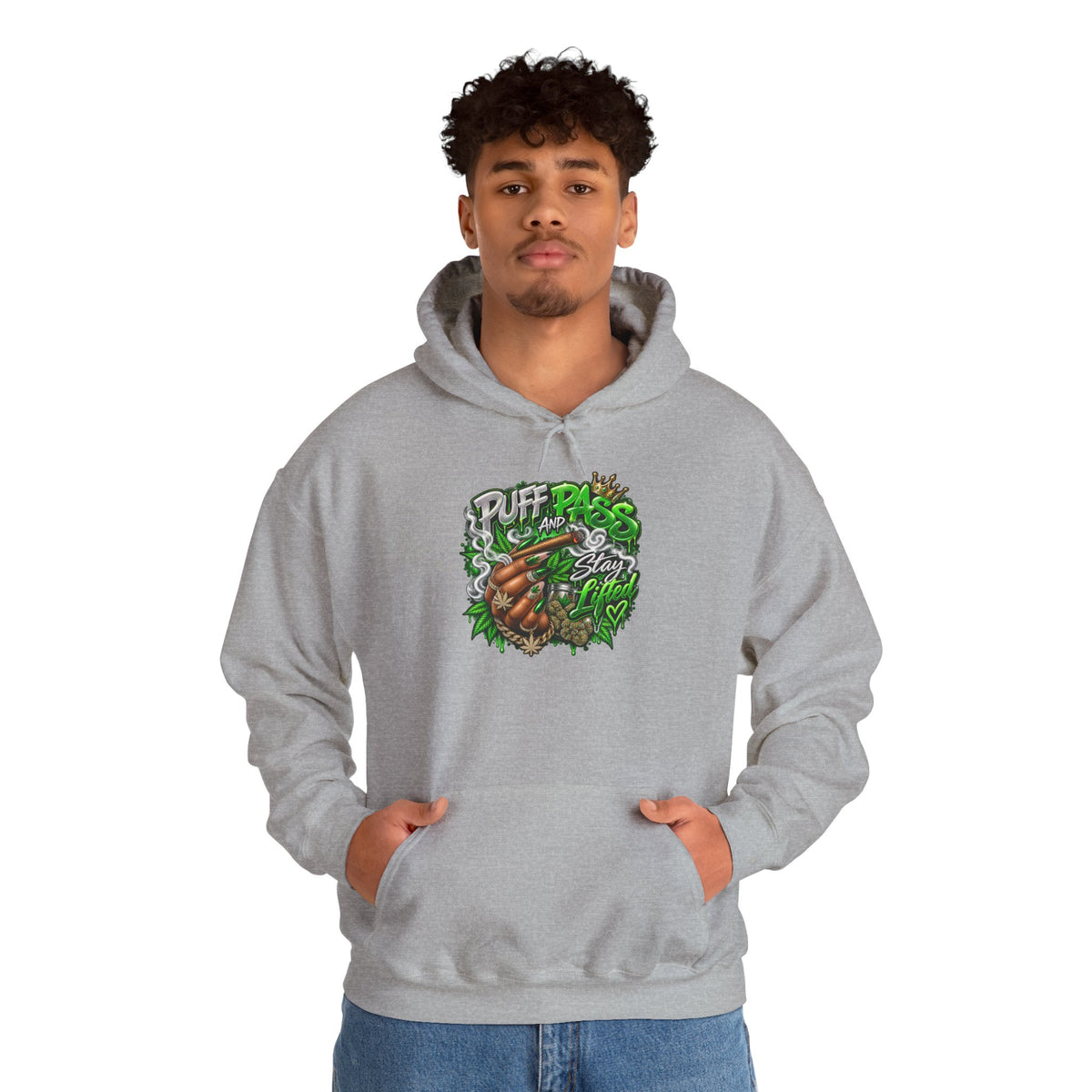Puff Pass Stay Lifted Hoodie | Cannabis Leaf, Smoky Hand Illustration