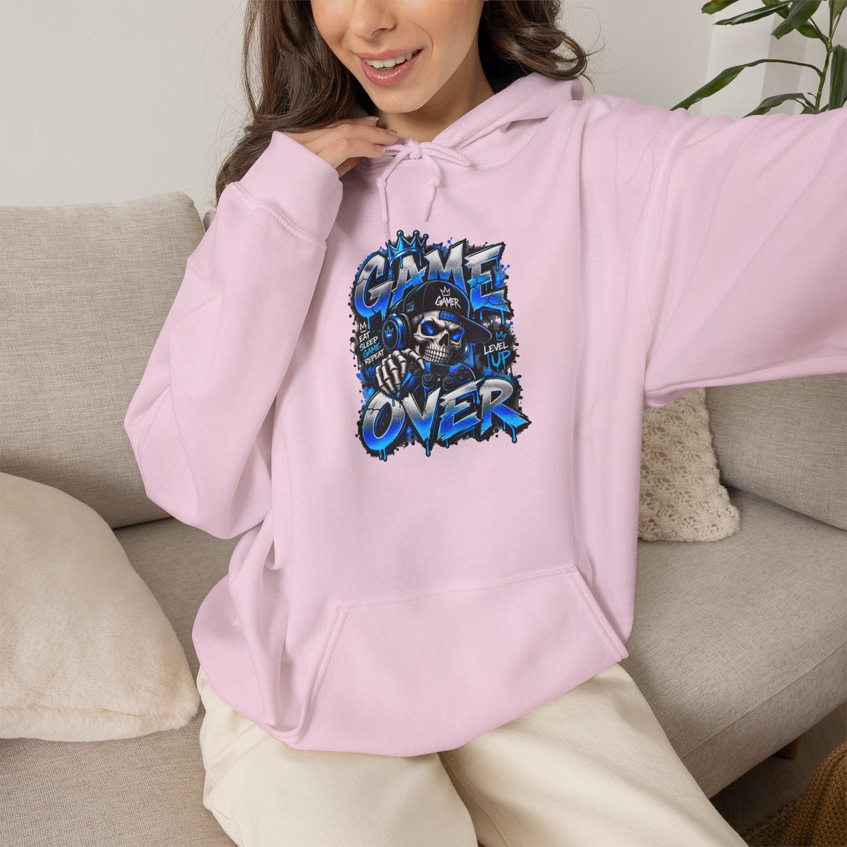 Game Over Skull hoodie | Gaming Graphic Sweatshirt, Blue Grunge Design
