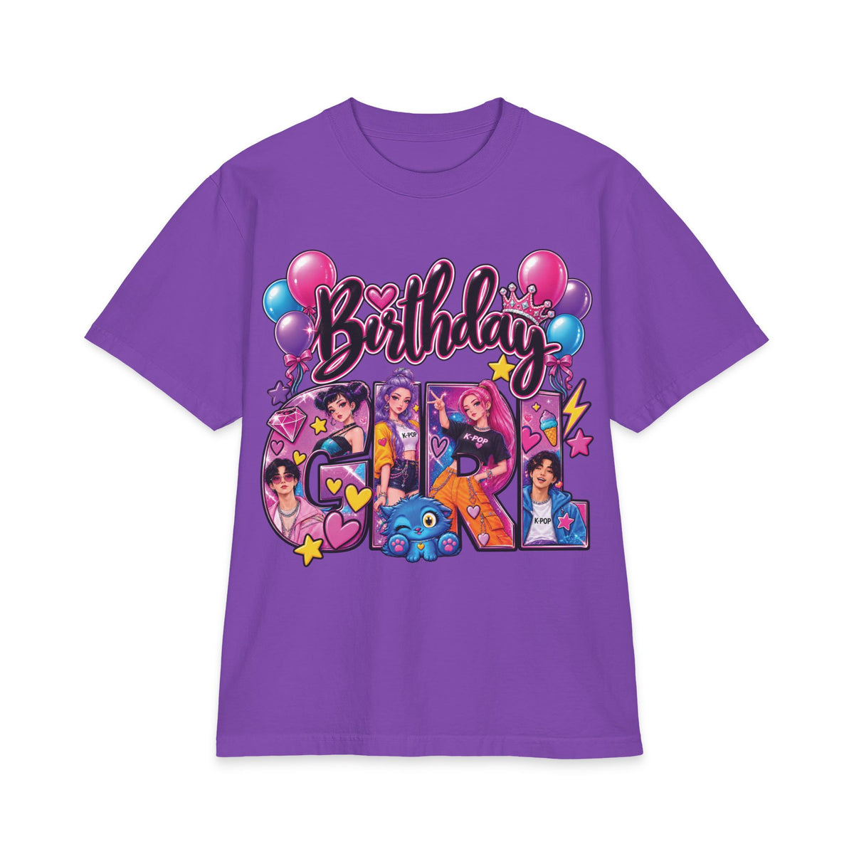 Kpop Hunter Demon Birthday Girl T-Shirt | Colorful Cartoon Letters, Balloons & Characters