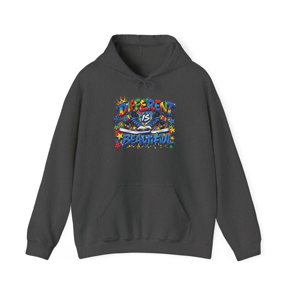 Different Is Beautiful hoodie | colorful graffiti text, stars & flowers
