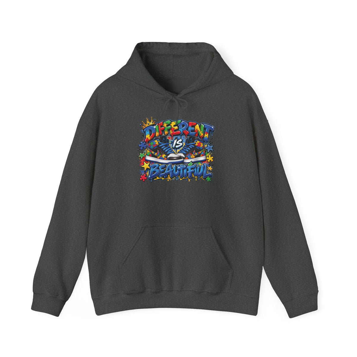 Different Is Beautiful hoodie | colorful graffiti text, stars & flowers