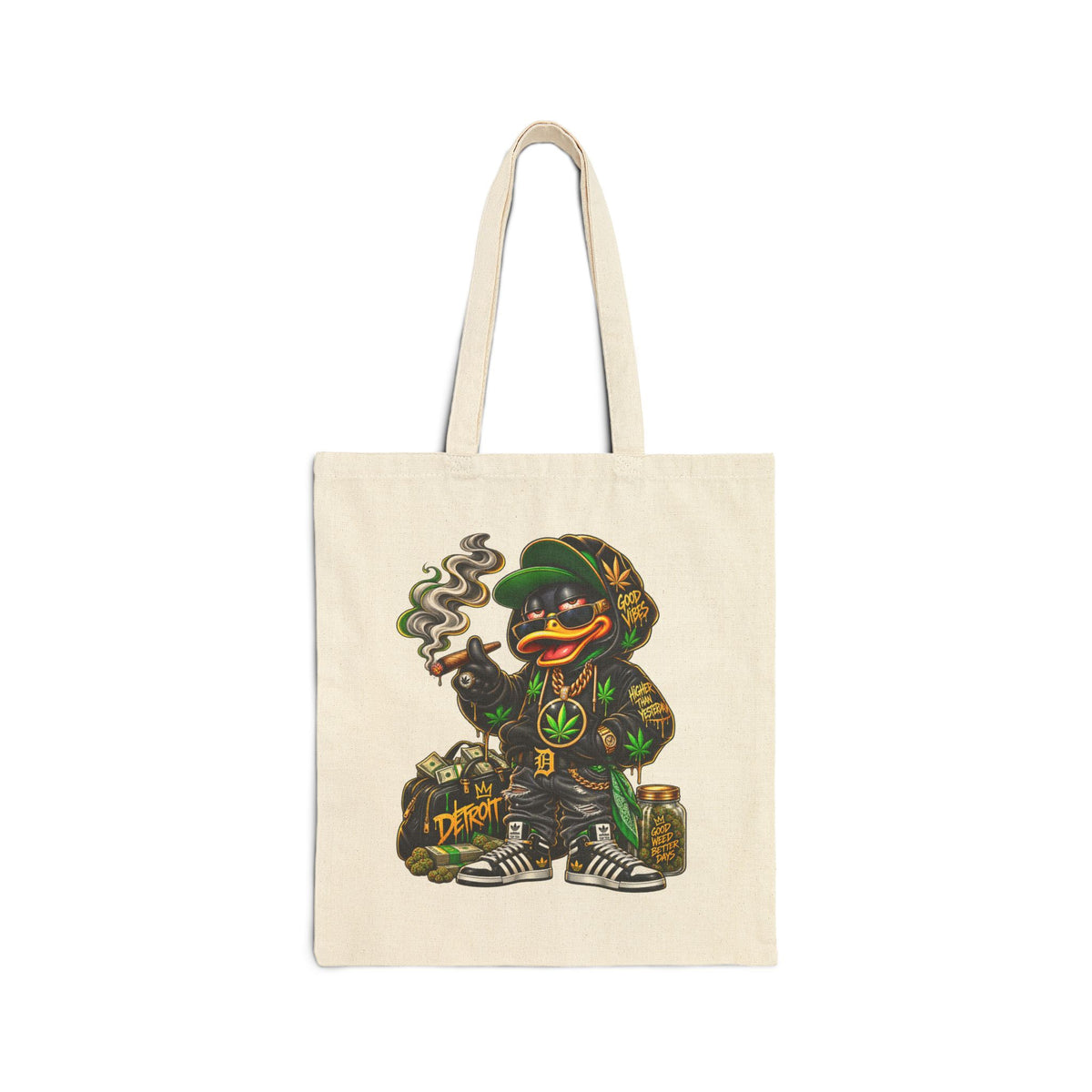 Smoky Duck Character Tote Bag | Hip Hop Streetwear, Cannabis Leaf Design
