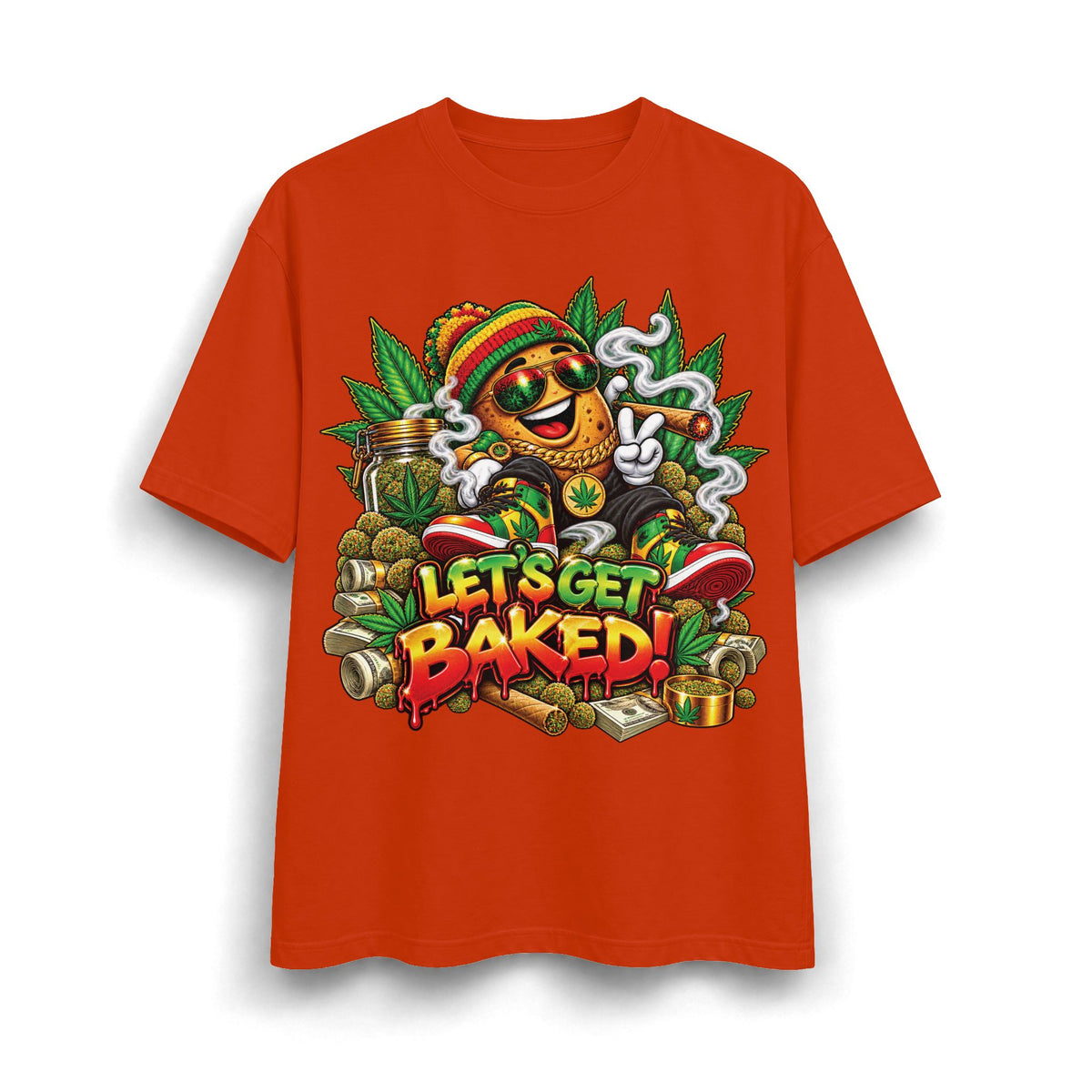 Detroit 420 Let's Get Baked marijuana leaf character T-Shirt | Rasta reggae cannabis design