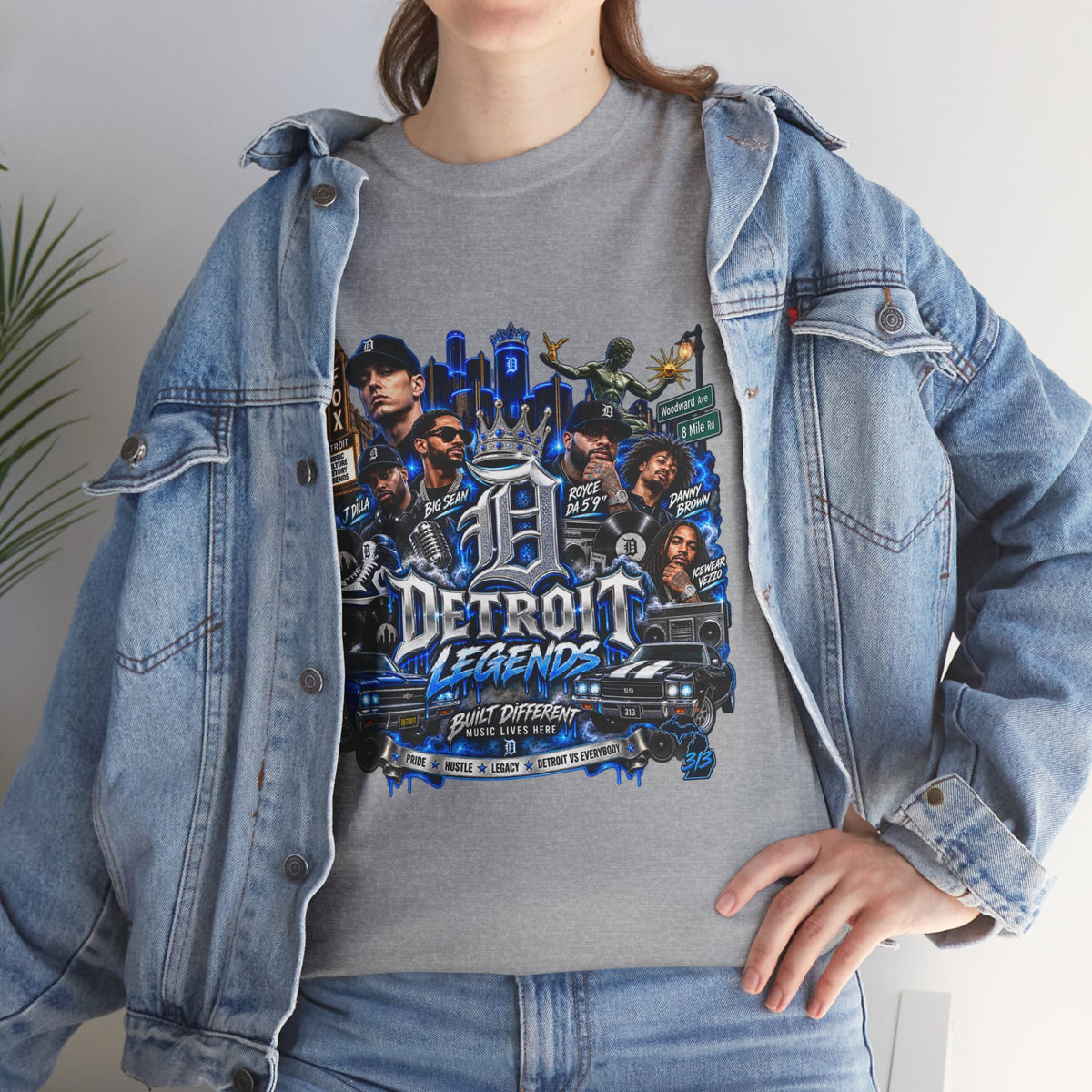 Detroit Legends collage T-Shirt | Motor City skyline, classic cars, musicians