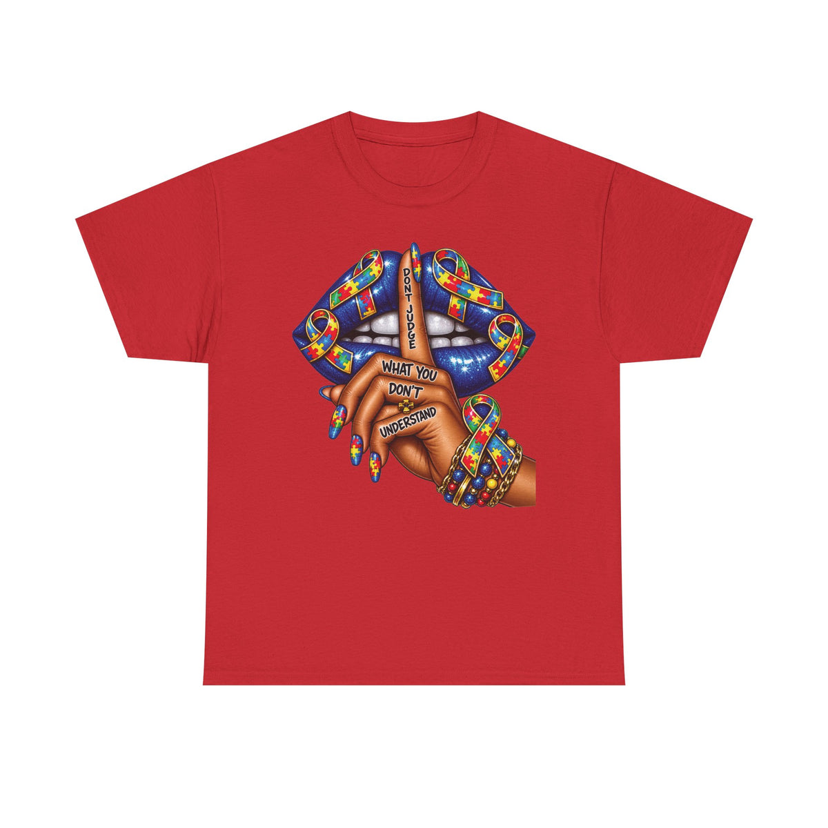 Shh Finger Lips Illustration T-Shirt | Colorful Beaded Bracelet Art