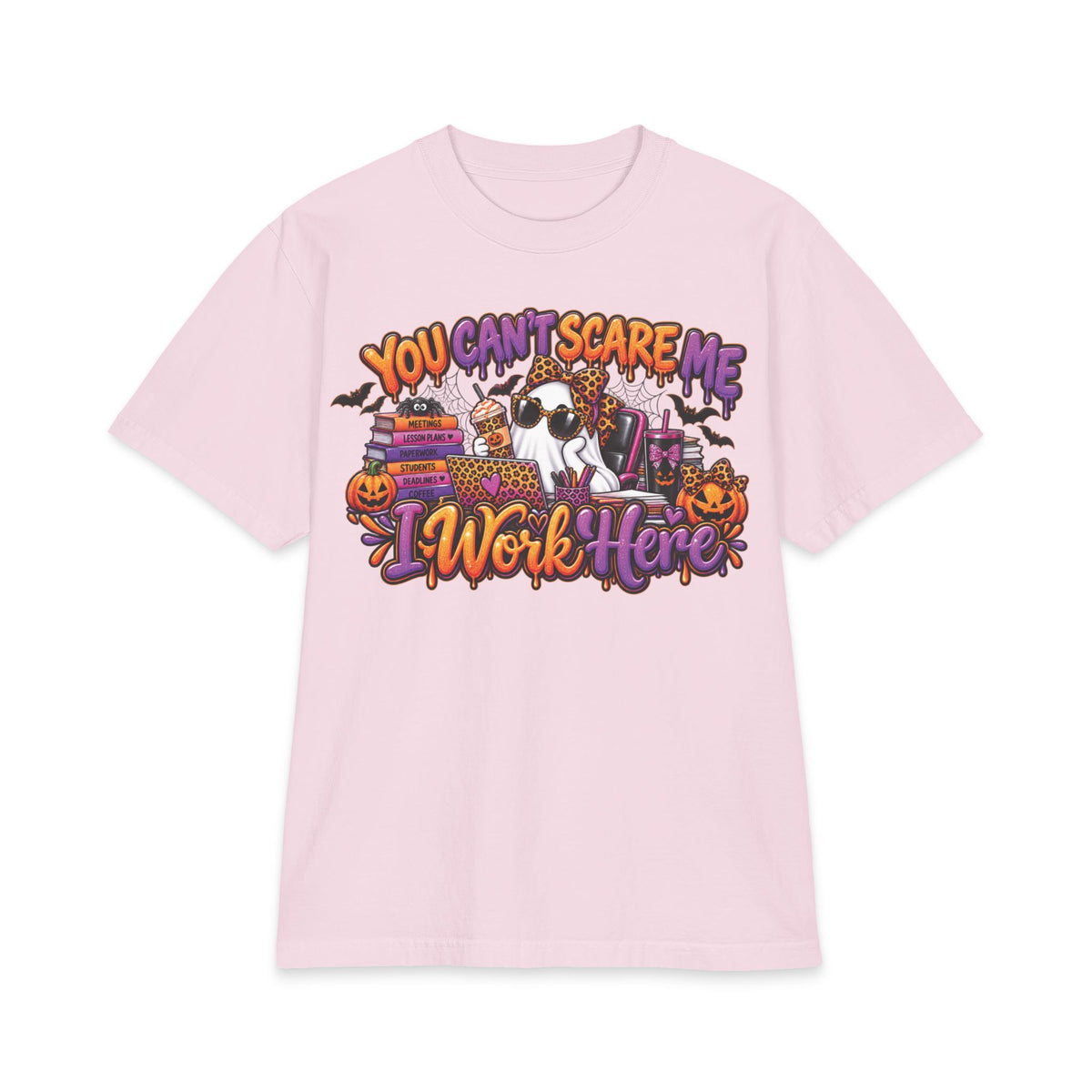 You Cant Scare Me I Work Here T-Shirt | Halloween Cow Pumpkin Graphic